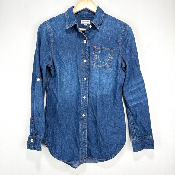 True Religion Denim Boyfriend Shirt Women Size Small Blue Pocket Logo Button - Picture 1 of 10